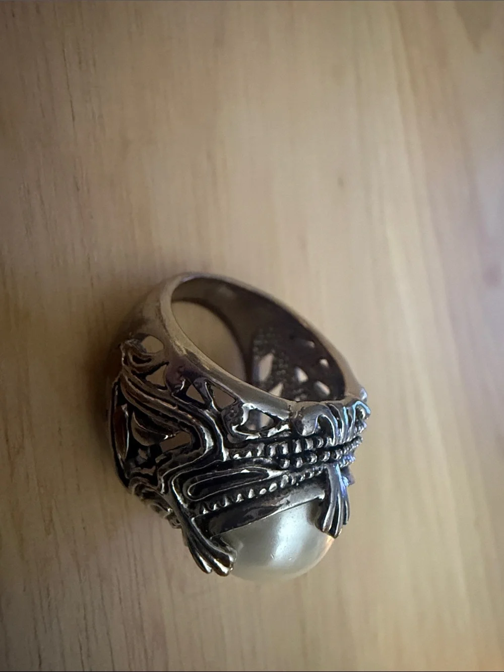 Vintage Premier Designs Silver Ornate Statement Ring Gaux Pearl BOHO